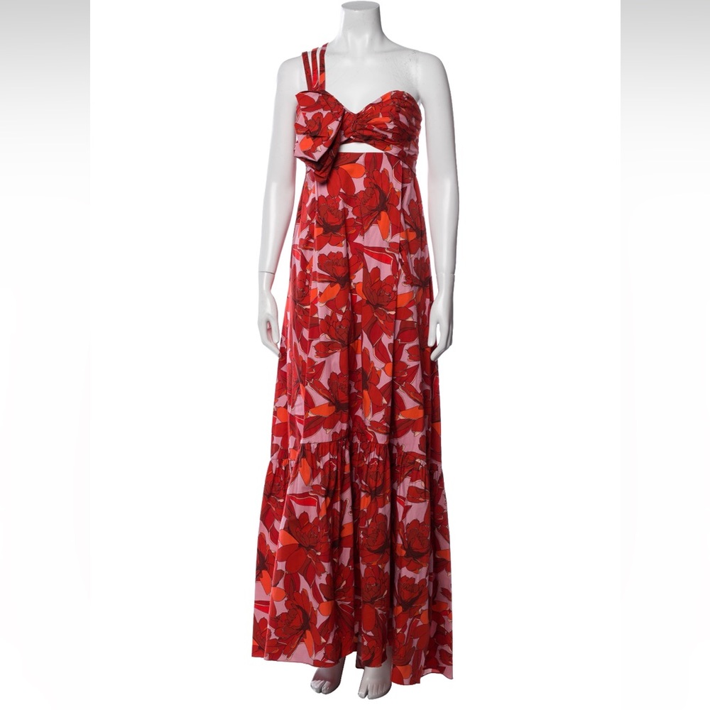 Johanna Ortiz red poplin one-shoulder maxi dress